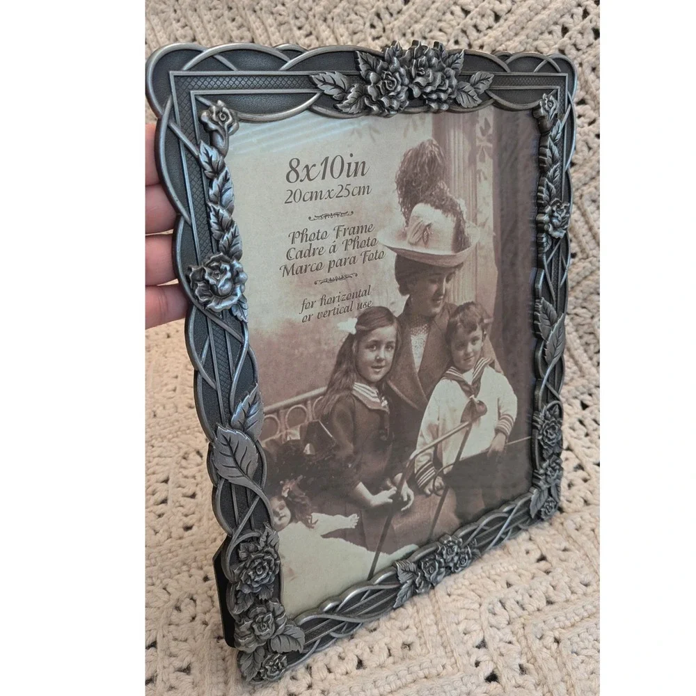 Vintage Style Pewter Rose Vine Metal Photo Frame 8x10 Ornate Victorian Floral